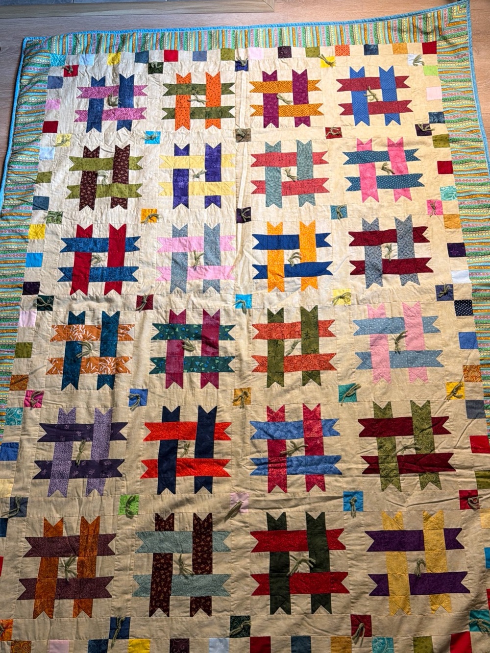 Handmade Cotton Twin Quilt 79”x59” New Colorful Geometric Bedding Blanket Granny